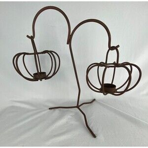 Metal Pumpkin 2 Votive Tea Light Candle Stand Holder Fall Havest 13.5" Decor